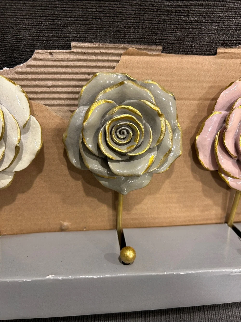 Decorative Rose Wall Hooks - Pink, Gray & Cream Floral Hangers